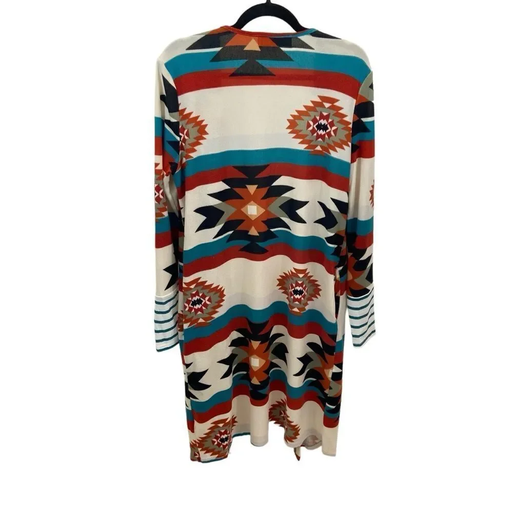 Ladies One Eleven‎ North Brand Aztec Print Long Duster Open Front Sweater Medium